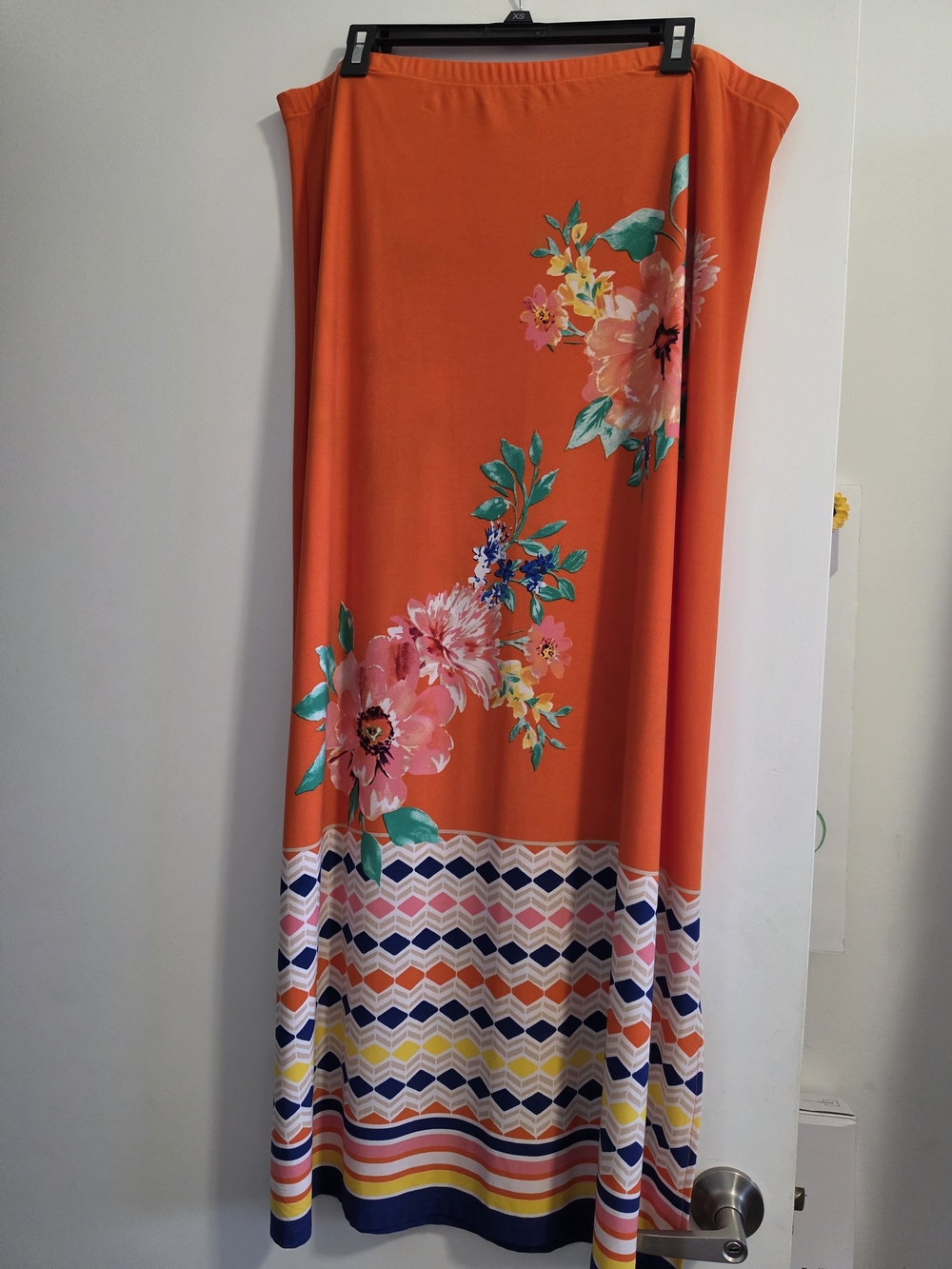 Orange Floral Maxi Skirt with Multicolor Hem